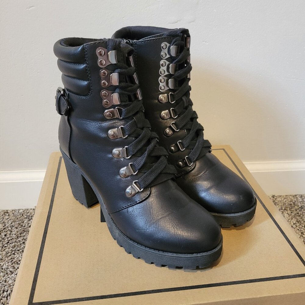 Womens Mia Annamaria Chunky Heel Black Combat Boot